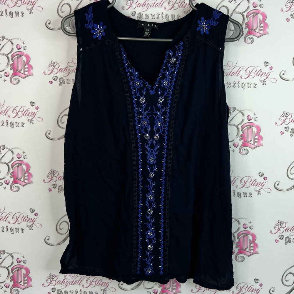 Tribal tank top embroidered Navy Blue Sleeveless Top floral flowers shirt